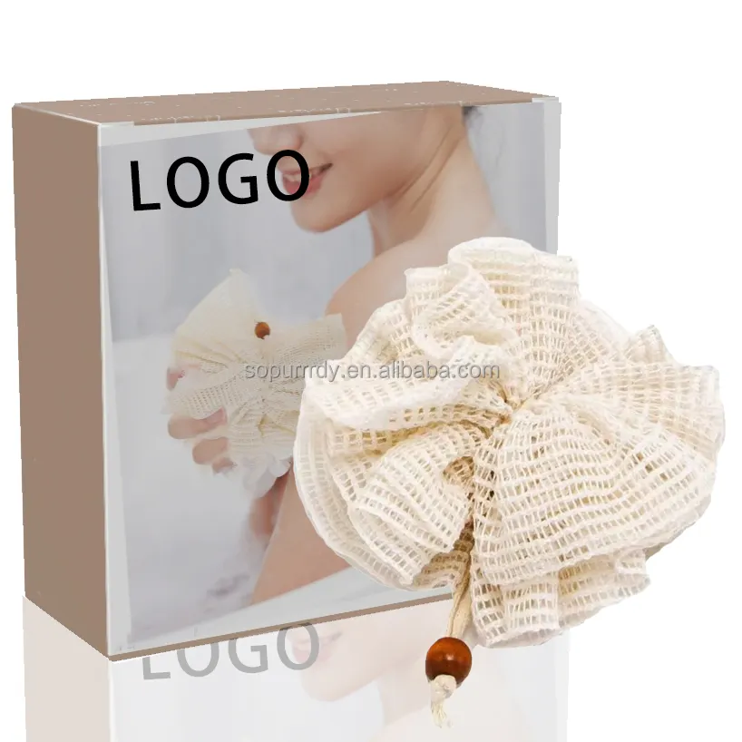 Logo kustom Super pengelupasan Rumah Spa katun tenun Loofah spons mandi Pouf sikat jaring mandi Spa Puff Bola penggosok