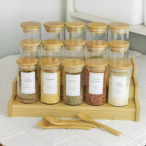 Bouteille d'épices de stockage à chaud en ligne, étagère, couvercle en bois, bocal à vis en verre, bocal à épices avec couvercle en bambou - Product Image 1
