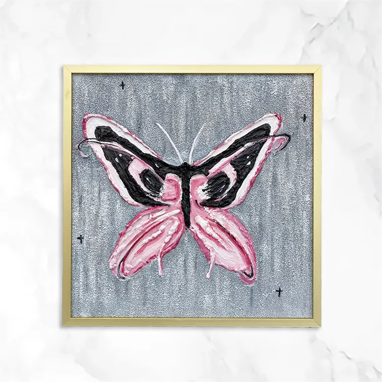 家の装飾キャンバスフレーム100% 手描きの壁アート垂直モダンピンク蝶手作り蝶抽象油絵