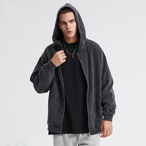 Sweat à capuche zippé en laine épaisse 420g, 100% coton, style rétro vieilli, bords déchirés, coupe ample, effet délavé à l'acide - Product Image 5