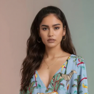 Exquisite Hand-Printed Blue Cotton Casual Midi Kaftan <b>Dress</b> <b>Whimsical</b> Jungle Safari Animal Motifs Including Zebras Leopards - Product Image 1