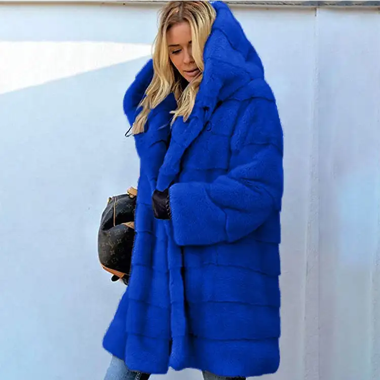 Fashion Ladies Winter Plush Fluffy Fake Fur Hooded Faux Fur Coat Female Plus Size Soft Fur Hooded Coat