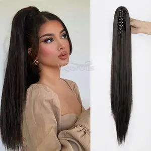 22 inç uzun düz doğal siyah sentetik saç Ponytails saç uzatma pençe ile yüksek sıcaklık Fiber at kuyruğu kadınlar için