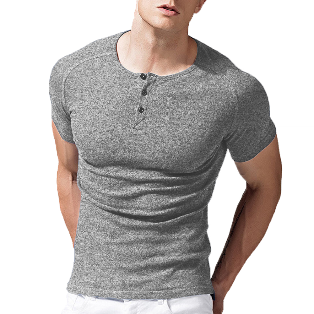 Harga Murah Kualitas Tinggi Pakaian Lengan Pendek Pria Pakaian Otot Ramping Fit Gym Tshirt Kasual dengan Pola, Henley Neck DOT Pola