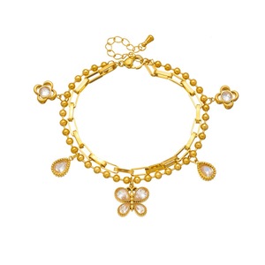 Gold Plated Stainless Steel Double Chain Bracelet With Butterfly Pendant Teardrop Crystal Charm Stackable Fashion Jewelry Gift - Product Image 5