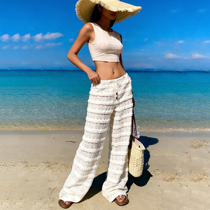 Pantalon large en dentelle crochetée pour femme, pantalon de plage à volants superposés avec cordon de serrage à la taille pour les vacances - Product Image 3