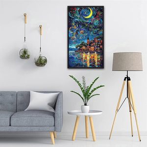 Kit <span class=keywords><strong>di</strong></span> Pittura a Olio Digitale Personalizzato Stile <span class=keywords><strong>Van</strong></span> <span class=keywords><strong>Gogh</strong></span> '<span class=keywords><strong>Notte</strong></span> Stellata' con Villaggio, Nebulosa e Luna, Città Costiera <span class=keywords><strong>da</strong></span> Dipingere con i Numeri - Product Image 3