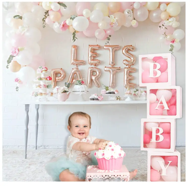 Baby Shower Boxes Party Decorations Transparent Balloons Boxes with Letters, Individual BABY Blocks Design for Box