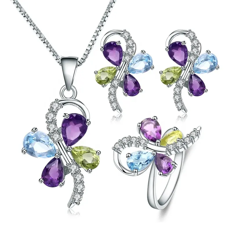 Color Jewelry Natural Amethyst Peridot Topaz 925 Sterling Silver Necklace Earrings Ring Set