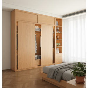 Armario de Madera Maciza XHA con Puerta Corredera, 3 Estantes y 5+ Cajones, Almacenamiento Moderno y Ecológico para Dormitorio - Product Image 1