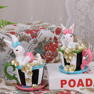 Redeco Creative Easter Bunny in Teacup Ornament Resin Animal Figurine Festive Decor With Colorful Details for Holiday Gifting