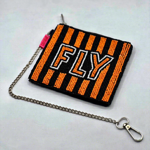 Handmade Beaded Square <b>Purse</b> With Orange <b>Black</b> Stripes FLY Text Chain Strap Craft Gift - Product Image 1