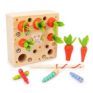 Brinquedo 2 em 1 montessori, brinquedo educacional captura de inseto de madeira de pelúcia, pesca, cenoura
