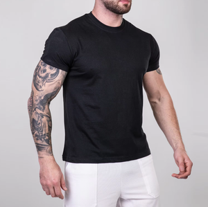 新しいヴィンテージ風マッスルフィットネスコットンTシャツ、Oネック、フロントロゴ入り、ゆったりとした通気性のあるストレッチ素材、スリムフィット、スポーツカジュアル、メンズ半袖 - Product Image 1