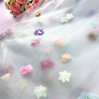 Tulle bleu clair, dentelle brodée, fleurs, paillettes, 3 mm, 100% polyester, tissu extensible léger, certifié EN, 110 GSM, tricotage en trame