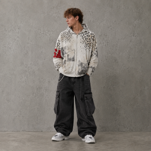 Men's <strong>Zip</strong> <strong>up</strong> Hoodie Cream <strong>White</strong> 370G 100% Cotton Leopard Print Boxy Fit Full Zipper Street Top Custom Logo - Product Image 3