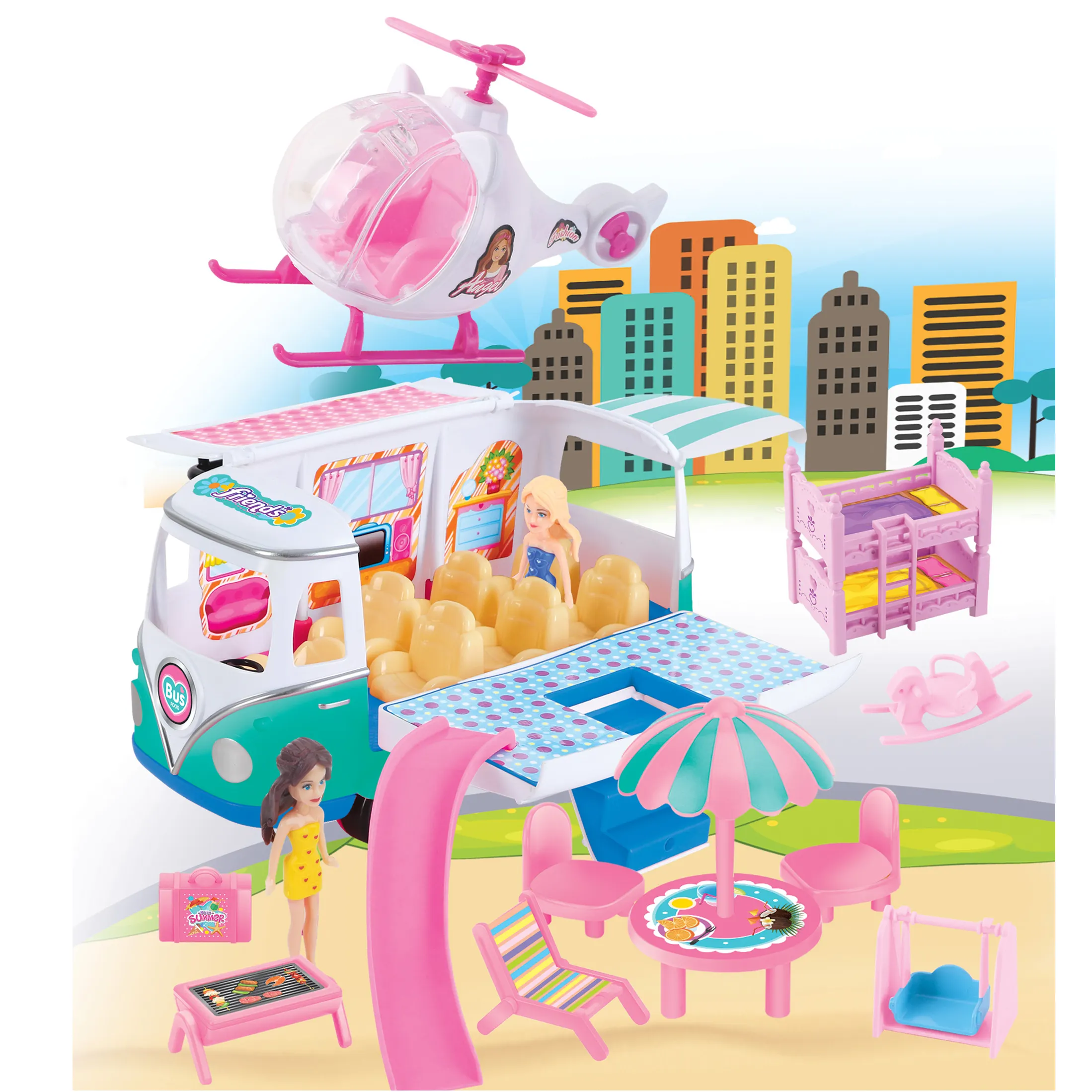Bus en plastique de haute qualité avec tables et chaises ensemble Mini poupée dans le bus jouet avec hélicoptère ensemble de meubles pour fille