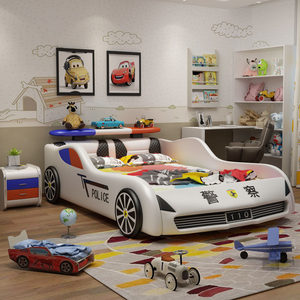 Lit de voiture moderne pour enfants avec roues lumineuses LED et fonction de rangement, lit de voiture de course rembourré pour garçons - Product Image 2