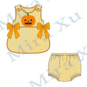 Wholesale <strong>Baby</strong> Girls Orange Bow Pumpkin Appliqued <strong>Outfit</strong> <strong>Halloween</strong> Kids Toddler diaper set Matching Striped Trim Smocked Set - Product Image 1