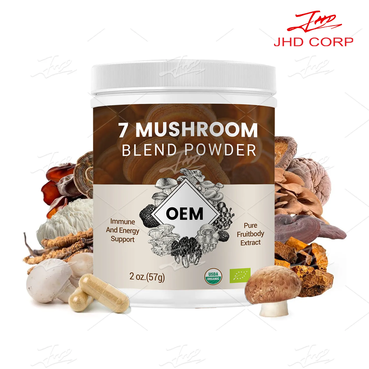 Customized Formula 7 in 1 Mixed Organic Lions Mane Reishi Mushroom Extract Blend Powder with Private Label