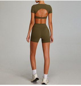 Women Twist Front Deep V <b>Crop</b> Yoga <b>Top</b> Hollow Back Short Sleeve Built In Padded Bra Workout Tee Slim Fit Pilates Athletic Shirt - Product Image 5