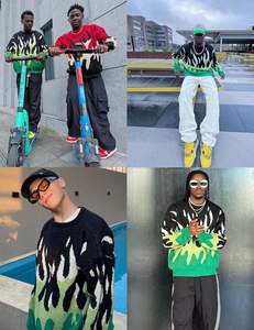 Suéter Casual con Estampado de Llamas Estilo Y2K para Hombre, Suéter Holgado de Punto, Jersey de Cuello Redondo de Manga Larga - Product Image 3