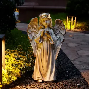 Melek kız güvercin bahçe heykeli pilli LED çiçek ışıklar zamanlayıcı veranda çim Yard sanat mezarlık mezar dekor