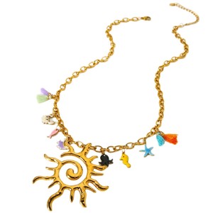 Collier pendentif soleil en acier inoxydable plaqué or 18 carats avec breloques et pompons représentant des animaux marins pour femme, bijoux tendance - Product Image 5