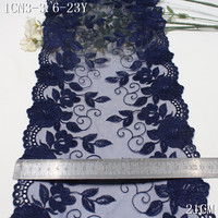 Dentelle brodée en tulle doux bleu marine de 21 cm avec bordure en maille pour la fabrication de lingerie haut de gamme, sous-vêtements et culottes
