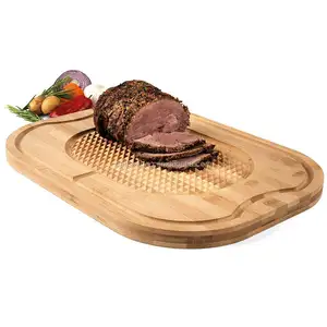 Natural pyramid style carving bamboo wooden best cutting board with deep juice for fish meat, turkey