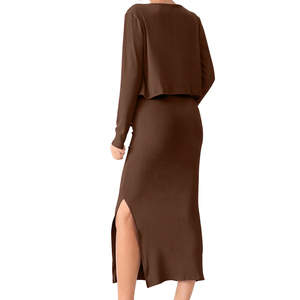 Completo Premaman Due Pezzi: Abito Midi Senza Spalline con Spacco e Cardigan Corto a Maniche Lunghe, Abbigliamento Casual Quotidiano per Donne in Gravidanza - Product Image 3