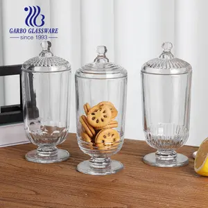 800ML transparent clear wedding tableware decor embossed glass candy pot cookies biscuit storage jar with lid and long stand