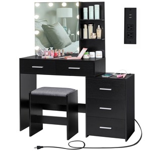 Tocador <span class=keywords><strong>de</strong></span> <span class=keywords><strong>Maquillaje</strong></span> con Espejo Iluminado LED y Cajones <span class=keywords><strong>de</strong></span> Madera Personalizados, Estación <span class=keywords><strong>de</strong></span> Carga con Tomacorriente, Mesa <span class=keywords><strong>de</strong></span> Baño con Almacenamiento - Product Image 6