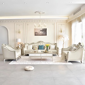 Juego de Sofás de Cuero de Alta Gama, Muebles Tallados en Madera Maciza de Estilo Francés para Sala de Estar, Estilo Europeo, Nuevo - Product Image 3