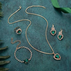 4 Pcs/Set Fashion Heart Shape Red Purple Crystal Pendant Clavicule Necklace Heart Earring Ring Bracelet Set - Product Image 3