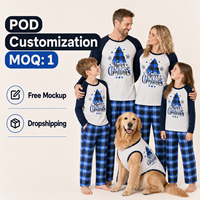 Ensemble de pyjamas de Noël personnalisés à carreaux bleu marine, manches raglan, assortis pour la famille, en polyester, pour hommes, femmes et enfants, livraison directe, POD, MOQ 1 pièce