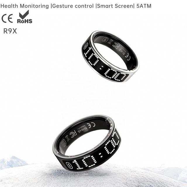 TFT Display 6-8 Days Battery Life Call Reminder IP68 Waterproof Android R9X Stainless Steel Smart Ring Wireless Charger Health