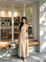 Robe longue décontractée sans manches pour femme, style empire, à rayures romaines et décoration florale sur la poitrine, dernière mode été 2026, vente en gros