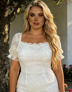 Robe de mariée décontractée ample à col carré et manches évasées en fibre de lait blanche, broderie florale, taille naturelle, mini moulante, grande taille pour femme - Product Image 6