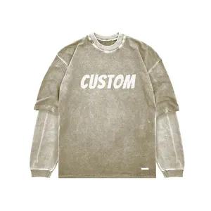2024 New Fashion Custom Streetwear DTG Print& Distressed Patch Embroidered Cropped Double Layer Long Sleeve T-shirt Men