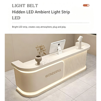 Comptoir de réception en bois courbé simple et luxueux avec éclairage LED, fabricant OEM pour salon de beauté, hôtel, bureau, commerce de détail, école, caisse