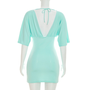 Viviblook C26DS218 Vestidos de Verano para Mujer, Nuevo Vestido Ajustado de Color Sólido con Cuello en V y Pliegues para Damas - Product Image 4