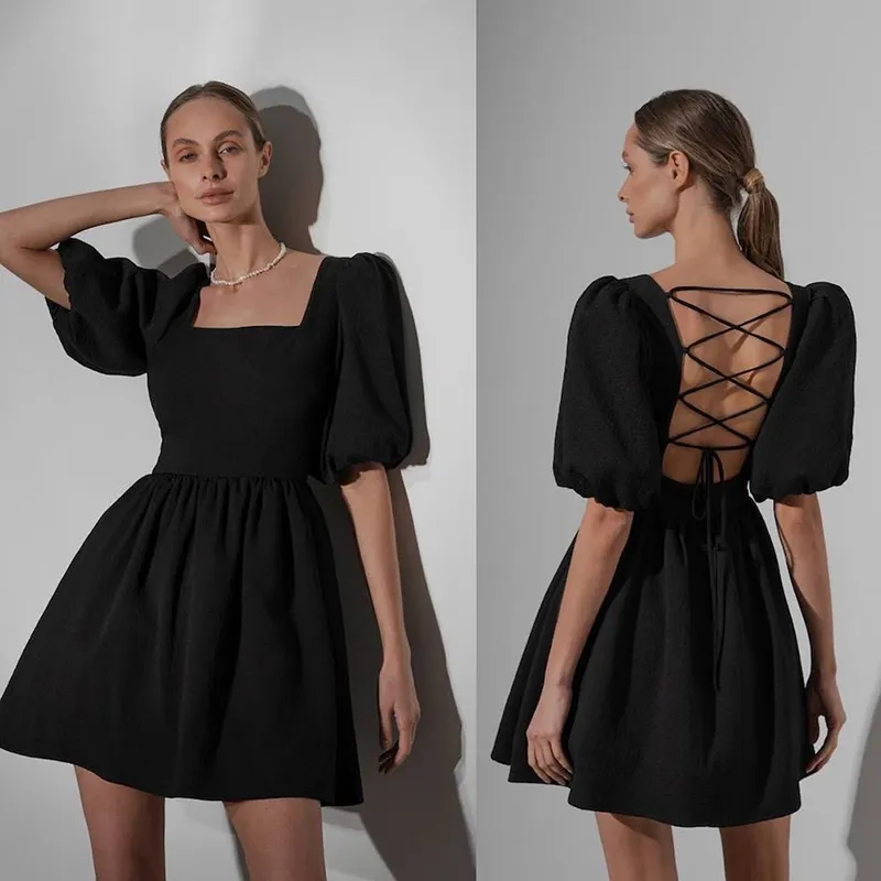 Square Collar Dresses Women Fashion Backless Lace Up Dress Women Elegant Collected Waisted Mini Dresses Female Ladies