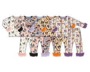 Précommande Pyjamas à manches longues pour filles, imprimé nœuds Halloween, bordure duveteuse, vêtements de nuit doux et confortables pour enfants, tenues de pyjama d'automne - Product Image 1