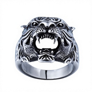 Bague pour homme en acier inoxydable 316 Yunnique étanche, tête de tigre, ton argent antique, totem oriental, audacieuse, sombre, rebelle, motard, punk - Product Image 3
