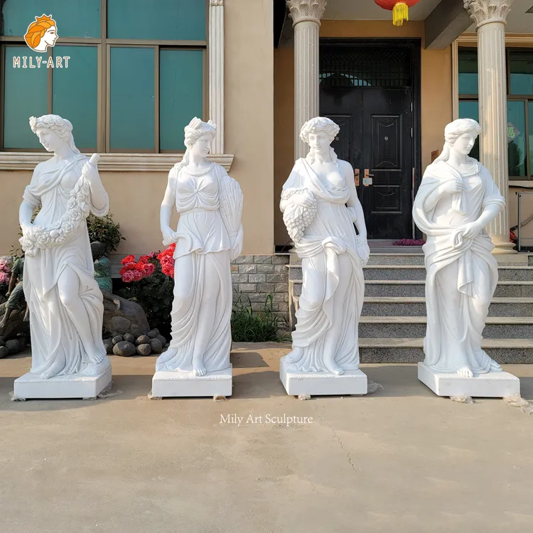 Özel gerçek boyutu dört mevsim heykel bayan beyaz mermer heykeller tabanı ile