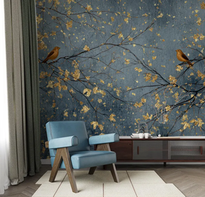 Carta da <span class=keywords><strong>Parati</strong></span> Murale Lussuosa Blu Scuro e Oro <span class=keywords><strong>con</strong></span> Uccelli e Alberi per Hotel, Soggiorno, Camera da Letto, Decorazione Interna <span class=keywords><strong>con</strong></span> <span class=keywords><strong>Foglie</strong></span> Metalliche - Product Image 3
