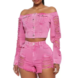Chất Lượng Cao Của Phụ Nữ Denim Phù Hợp Với Sexy Một Vai Crop Top Quần Jean Mini Quần Short Axit Rửa Faded Màu Hồng Denim Phụ Nữ Thiết Lập - Product Image 1