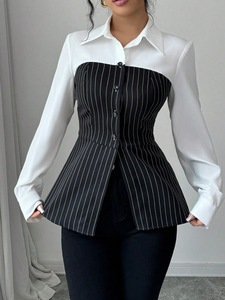 Kemeja Wanita Kasual Bergaris Lengan Panjang Slim-fit Musim Semi Gugur Terbaru Bahan Stretch Berkualitas Tinggi untuk Wanita - Product Image 5