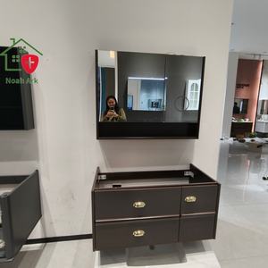 Mueble de Baño Moderno de Lujo en Color Marrón, Diseño de Doble Cajón, Tiradores Dorados, Espejo con Almacenamiento, Construcción en Melamina Lacada - Product Image 5